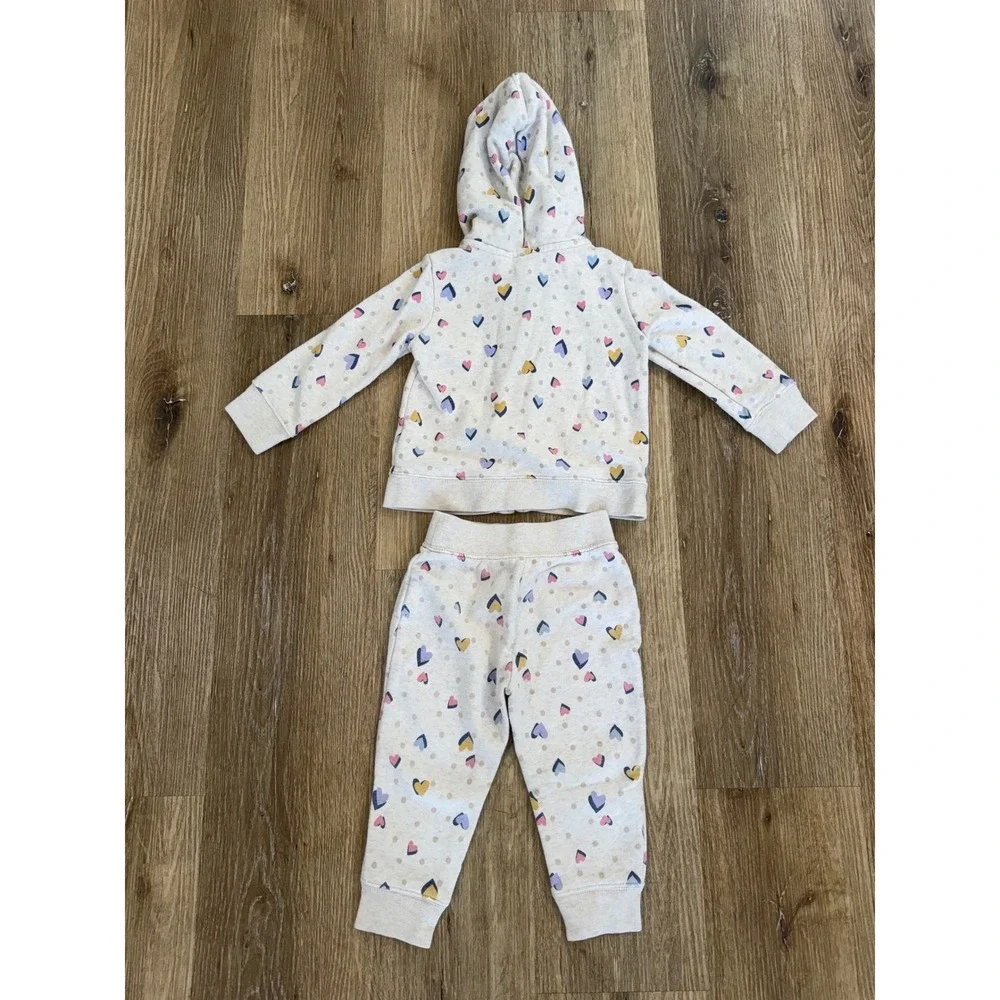 Gap Heart Print Glitter Logo Hoodie Jogger Set Toddler 2T Oatmeal Tracksuit